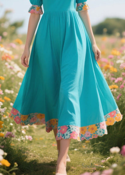Blue O-neck Patchwork Print Cotton Holiday Dress Summer