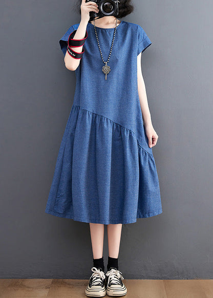 Blue O-neck Patchwork Silk Denim Maxi Dress Summer