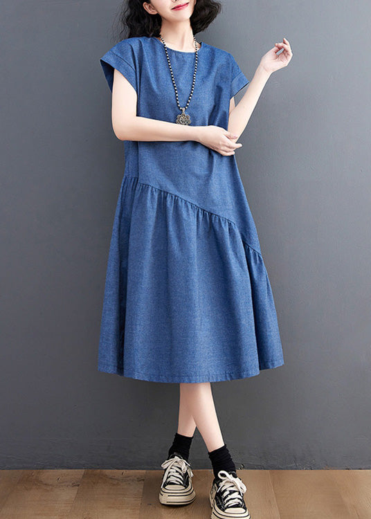 Blue O-neck Patchwork Silk Denim Maxi Dress Summer