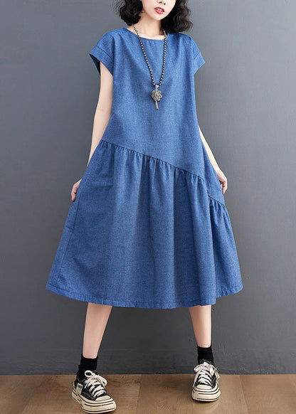 Blue O-neck Patchwork Silk Denim Maxi Dress Summer