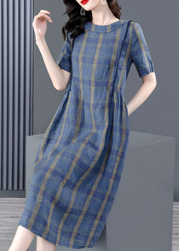 Blue O-neck Plaid Wrinkled Pockets Cotton Cinch Dress Short Sleeve