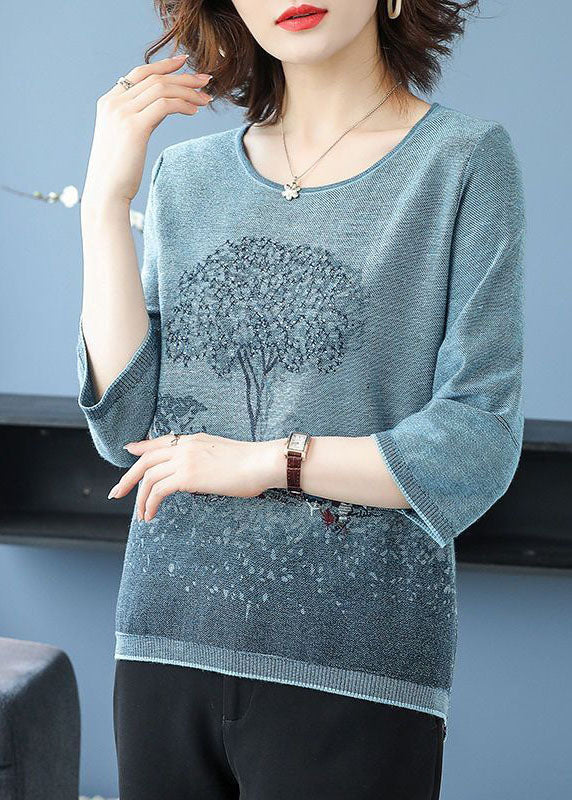 Blue O-neck Print Knit Sweater Tops Bracelet Sleeve