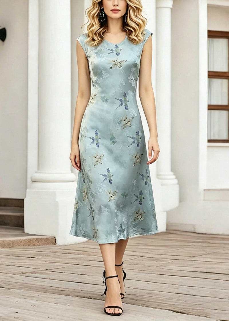 Blue O-neck Print Long Dress Short Sleeve