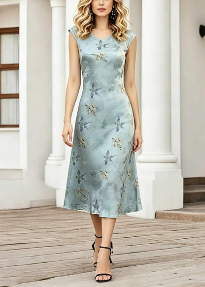 Blue O-neck Print Long Dress Short Sleeve