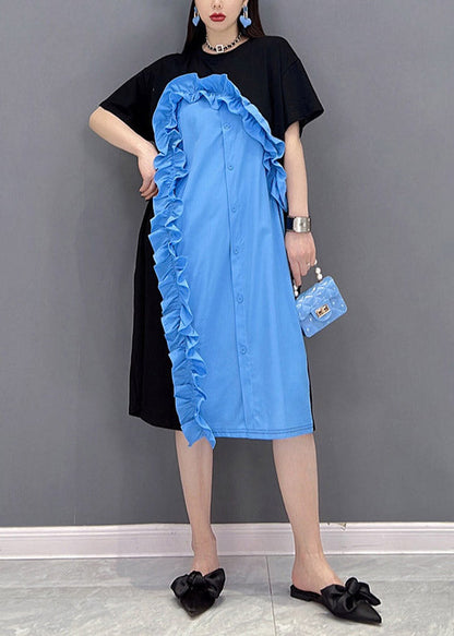 Blue O-neck Ruffled Patchwork Button Dress Short Sleeve