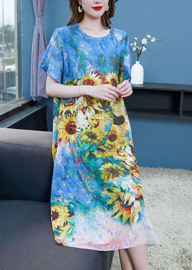 Blue O Neck the Sunflowers Patchwork Chiffon Dresses Summer