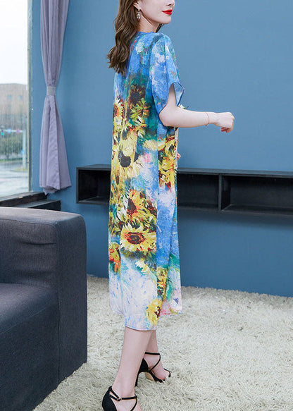 Blue O Neck the Sunflowers Patchwork Chiffon Dresses Summer