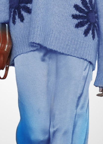 Blue O-neck Thick Jacquard Cozy Wool Sweaters Winter