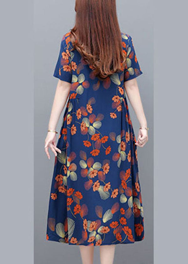 Blue O-neck Wrinkled Print Cotton Cinch Dresses Short Sleeve