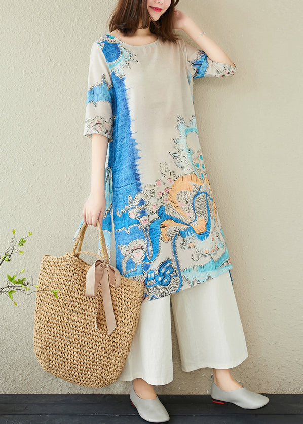 Blue Oversized Print Linen Dresses Summer