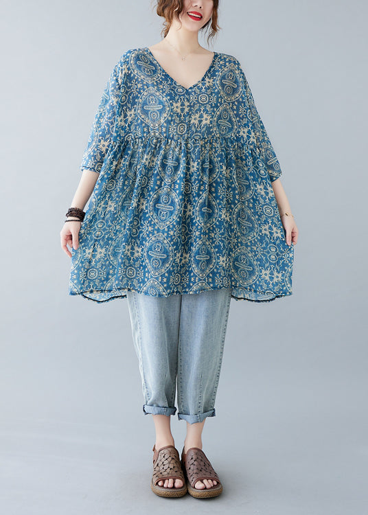 Blue Oversized Print Linen Mini Dresses Summer