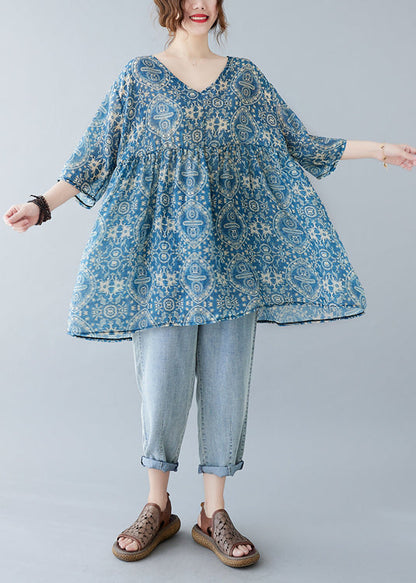Blue Oversized Print Linen Mini Dresses Summer