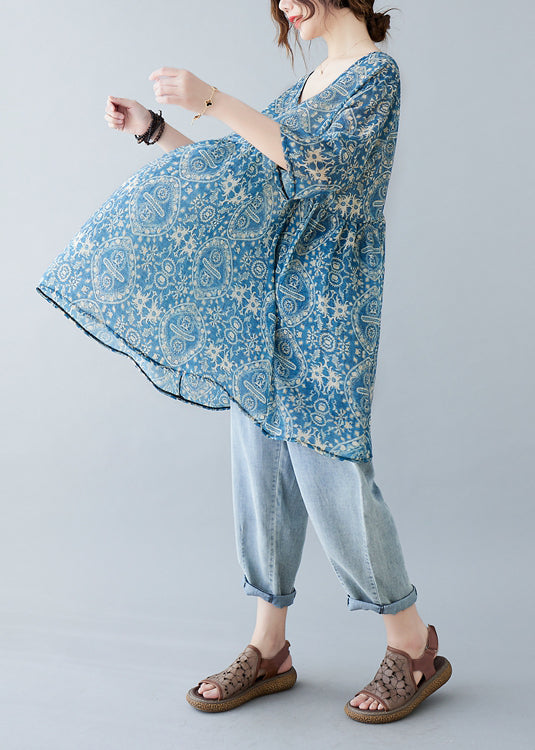 Blue Oversized Print Linen Mini Dresses Summer