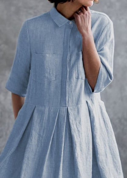 Blue Peter Pan Collar Button Cotton Shirts Dress Summer