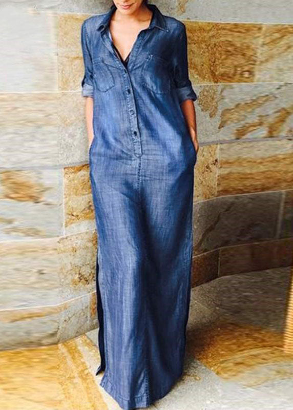Blue Peter Pan Collar Patchwork Long Denim Dress Long Sleeve