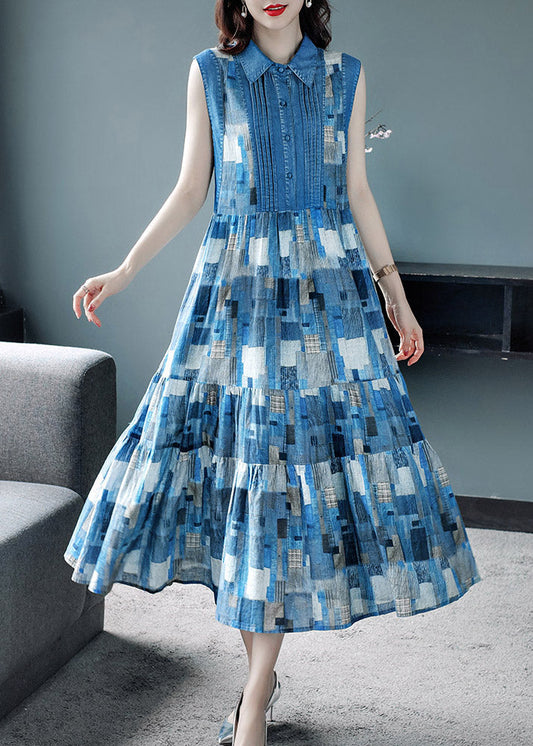 Blue Peter Pan Collar Plaid Wrinkled Maxi Dresses Summer