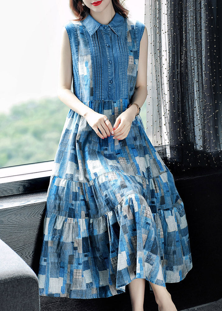 Blue Peter Pan Collar Plaid Wrinkled Maxi Dresses Summer