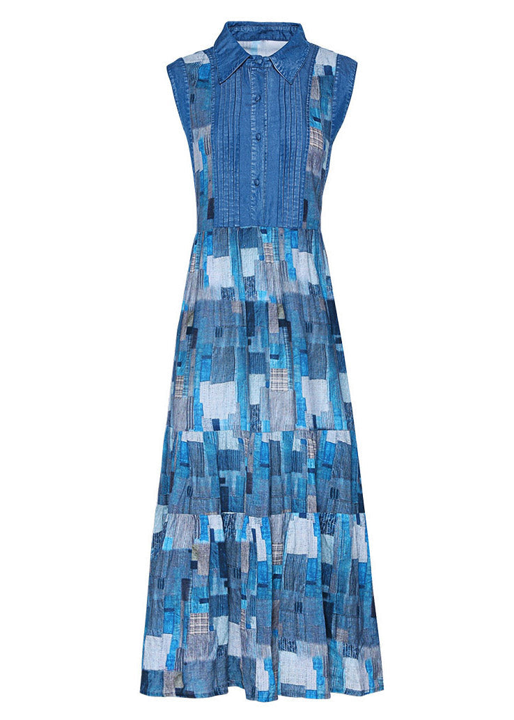 Blue Peter Pan Collar Plaid Wrinkled Maxi Dresses Summer