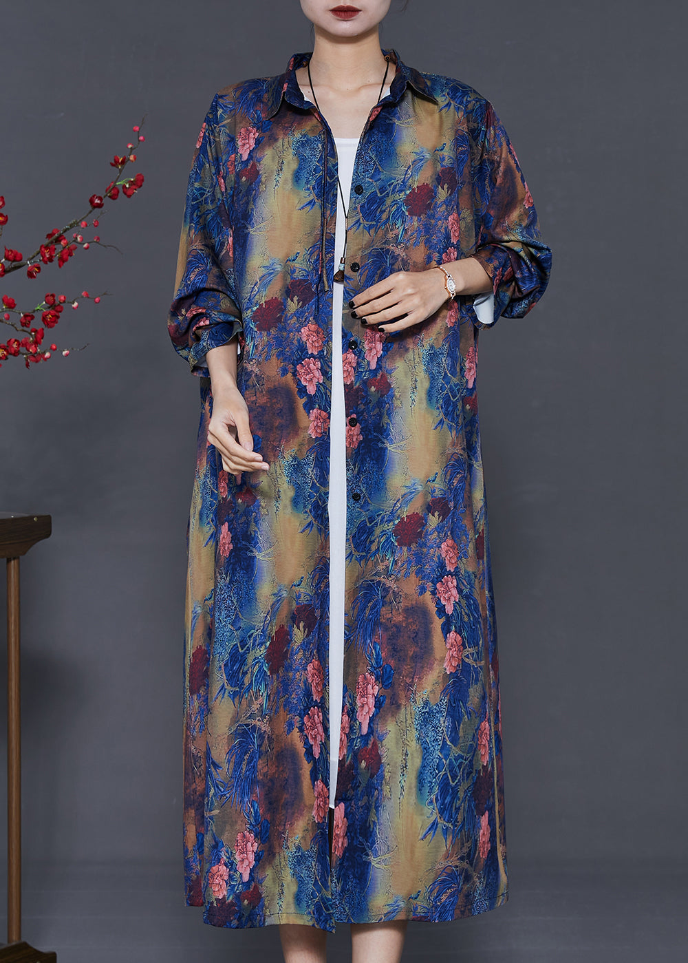 Blue Peter Pan Collar Tie Dye Silk Shirt Dress Summer