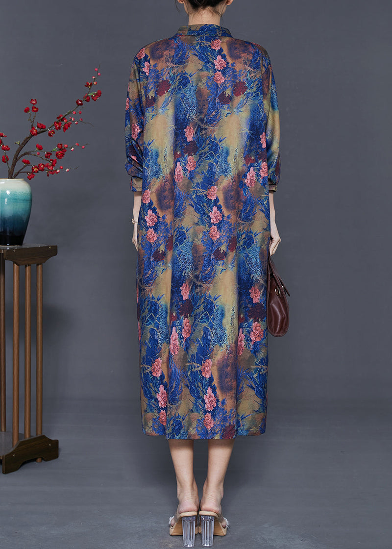 Blue Peter Pan Collar Tie Dye Silk Shirt Dress Summer