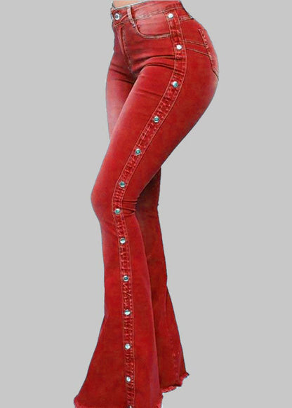 Blue Pockets Patchwork High Waist Denim Flared Trousers Spring