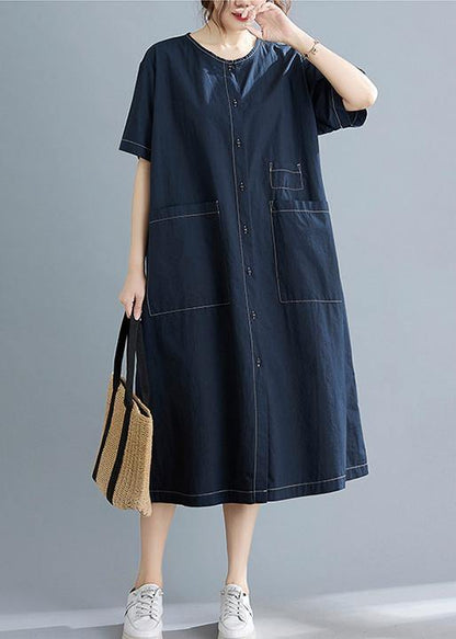 Blue Pockets Short Sleeve Maxi Summer Cotton Dress