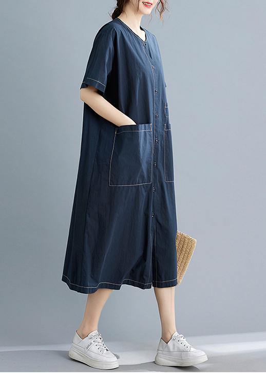 Blue Pockets Short Sleeve Maxi Summer Cotton Dress