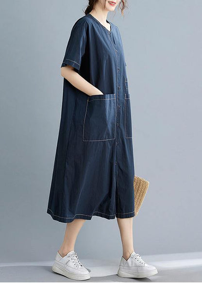Blue Pockets Short Sleeve Maxi Summer Cotton Dress