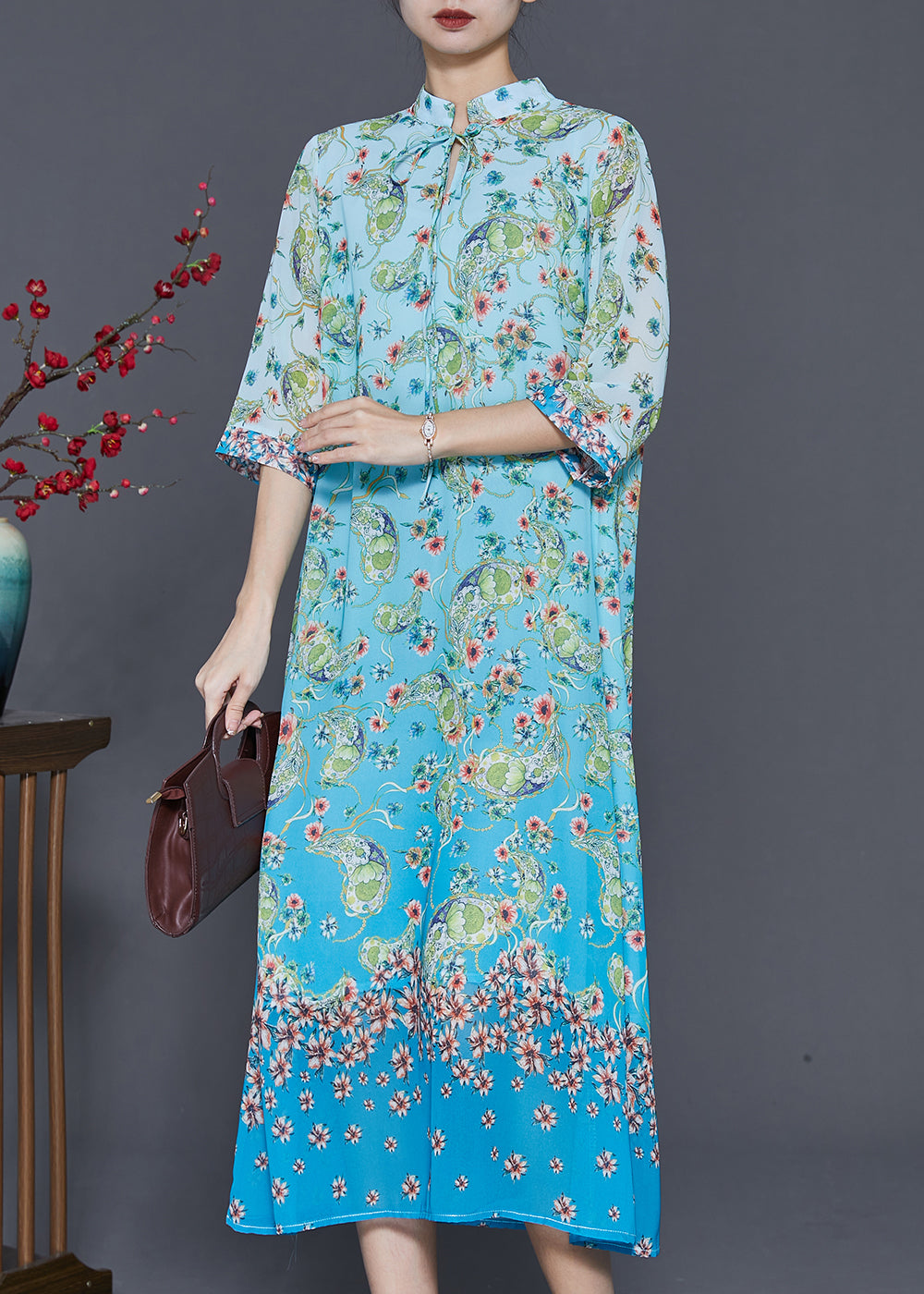 Blue Print Draping Chiffon Long Dresses Summer