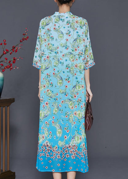 Blue Print Draping Chiffon Long Dresses Summer