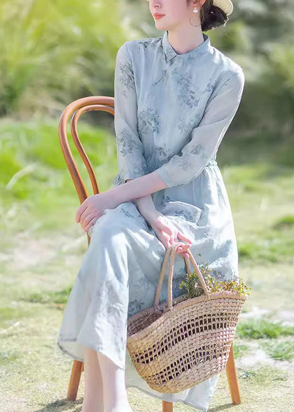 Blue Print Drawstring Chiffon Long Dress Summer