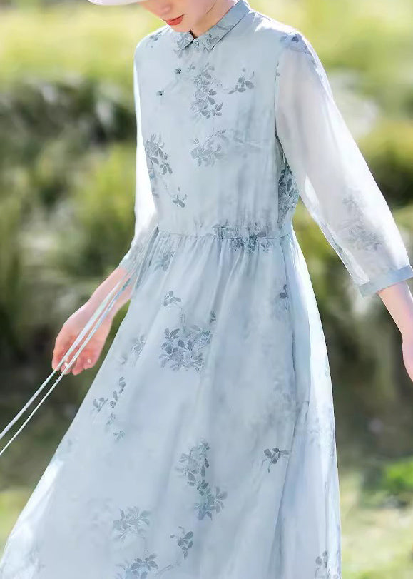 Blue Print Drawstring Chiffon Long Dress Summer