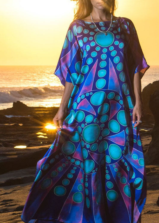 Blue Print O-neck Kimono Robe Mid Summer Cotton Dress