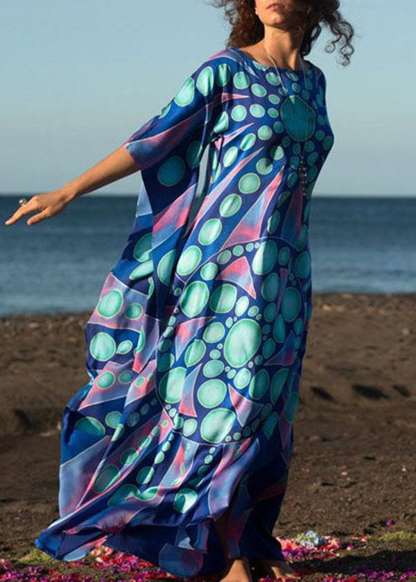 Blue Print O-neck Kimono Robe Mid Summer Cotton Dress