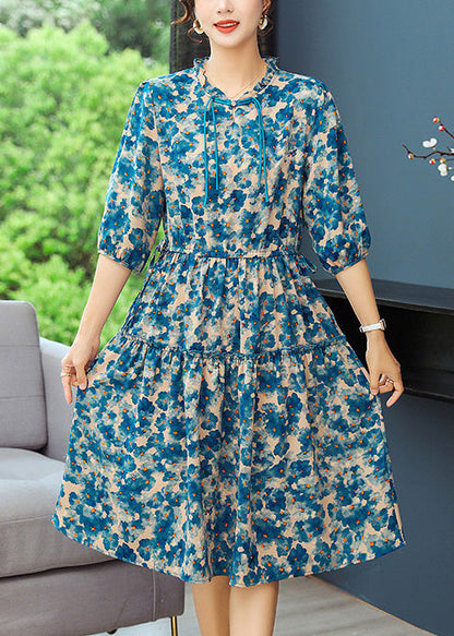 Blue Print Tunic Dresses Ruffled Summer