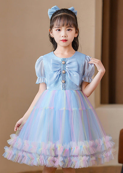 Blue Puff Sleeve Rainbow Exra Large Hem Tulle Kids Dress Summer