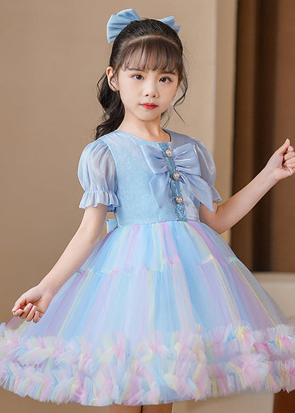 Blue Puff Sleeve Rainbow Exra Large Hem Tulle Kids Dress Summer