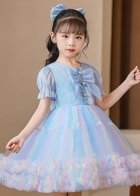 Blue Puff Sleeve Rainbow Exra Large Hem Tulle Kids Dress Summer