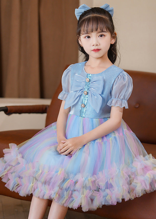 Blue Puff Sleeve Rainbow Exra Large Hem Tulle Kids Dress Summer