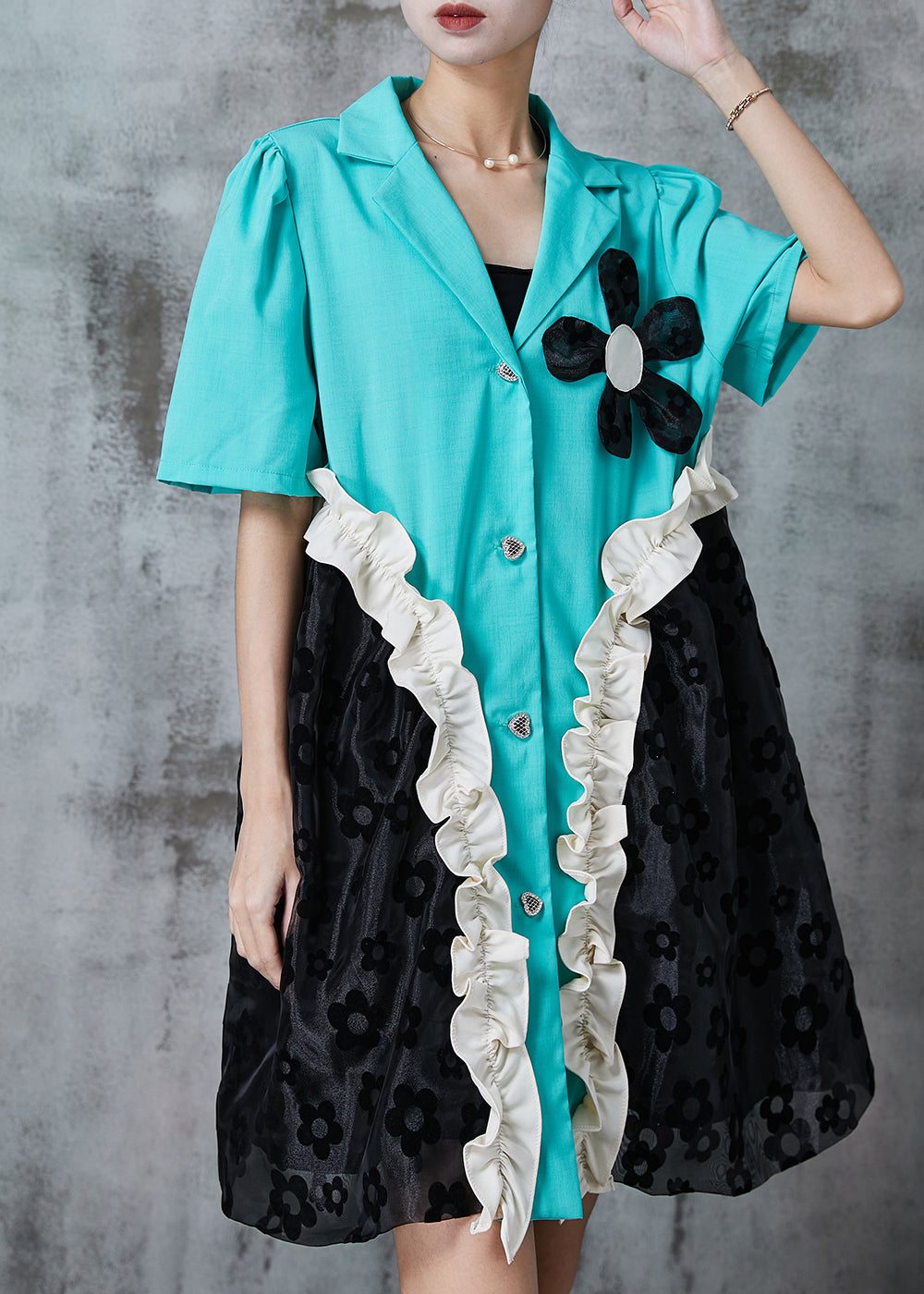 Blue Ruffled Patchwork Spandex Dress Summer