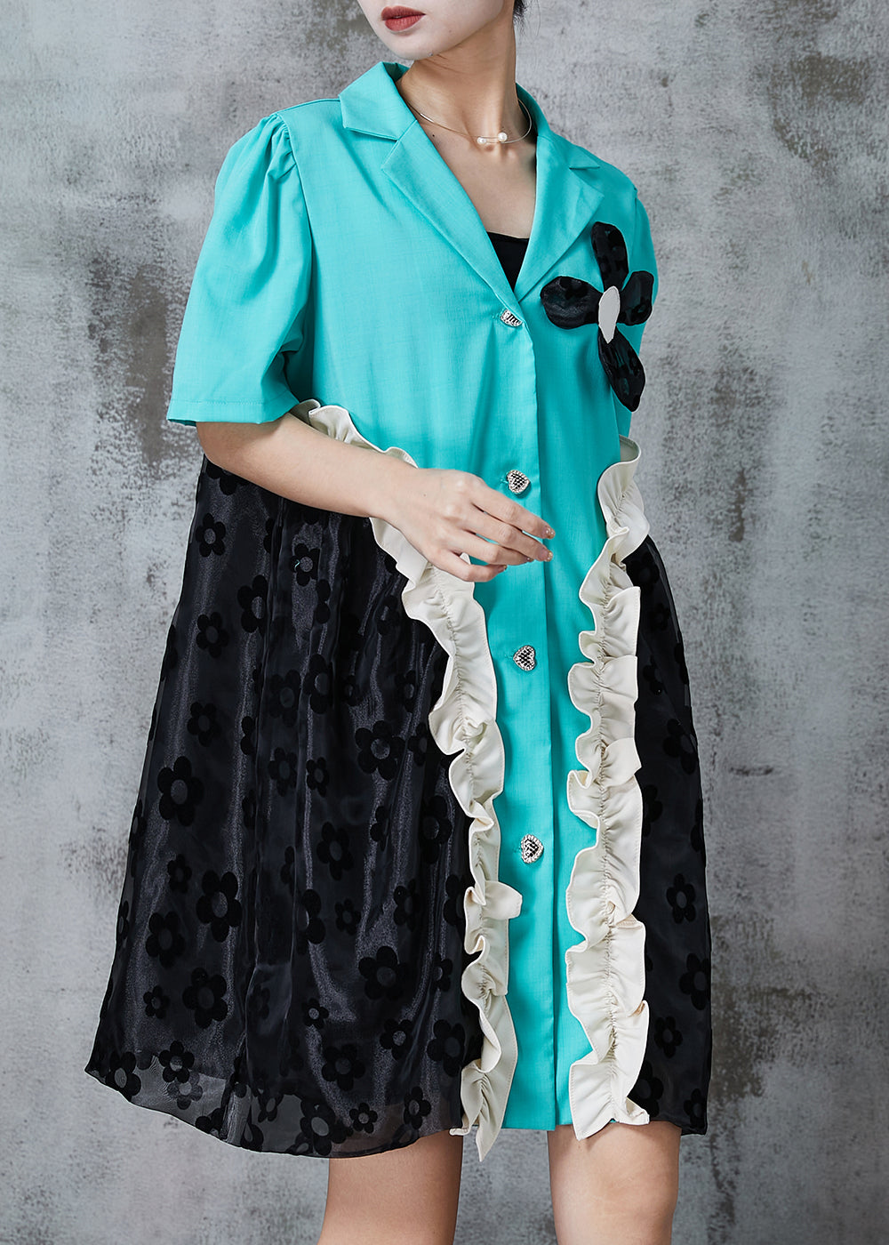 Blue Ruffled Patchwork Spandex Dress Summer