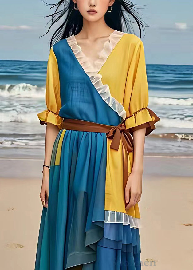 Blue Ruffled Tie Waist Patchwork Chiffon Dress Flare Sleeve