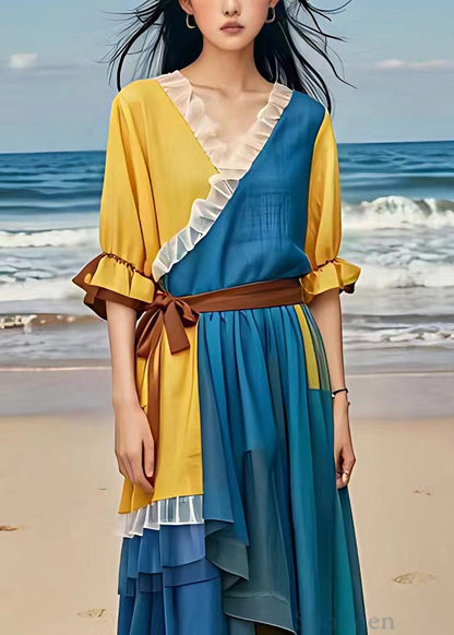 Blue Ruffled Tie Waist Patchwork Chiffon Dress Flare Sleeve