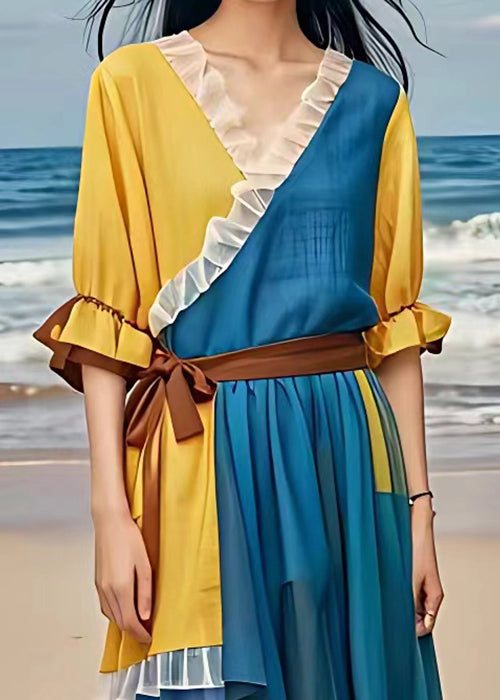 Blue Ruffled Tie Waist Patchwork Chiffon Dress Flare Sleeve