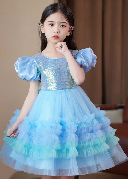 Blue Ruffled Tulle Kids Long Dress Puff Sleeve