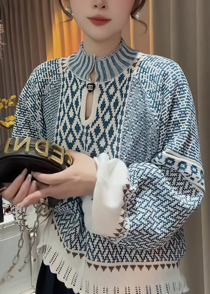 Blue Stand Collar Print Knit Sweater Spring