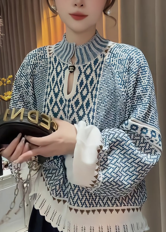 Blue Stand Collar Print Knit Sweater Spring