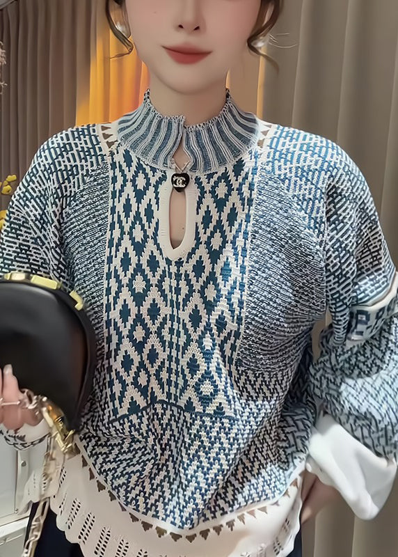 Blue Stand Collar Print Knit Sweater Spring