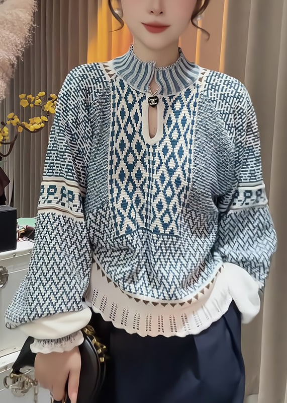 Blue Stand Collar Print Knit Sweater Spring