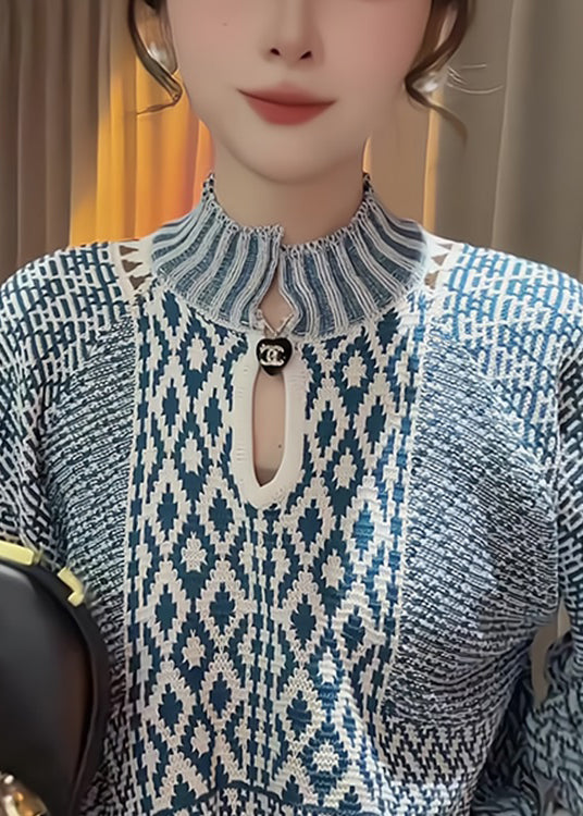 Blue Stand Collar Print Knit Sweater Spring